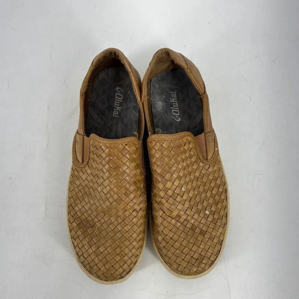 OluKai Lae'ahi Lauhala Mens 10 Woven Leather Slip On Sneakers Brown 10486-FXFX